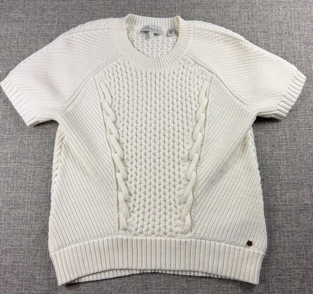 Ted Baker London Sweater Womens 1 US 4 Cream Cable Knit Lace Up Short Sleeve
